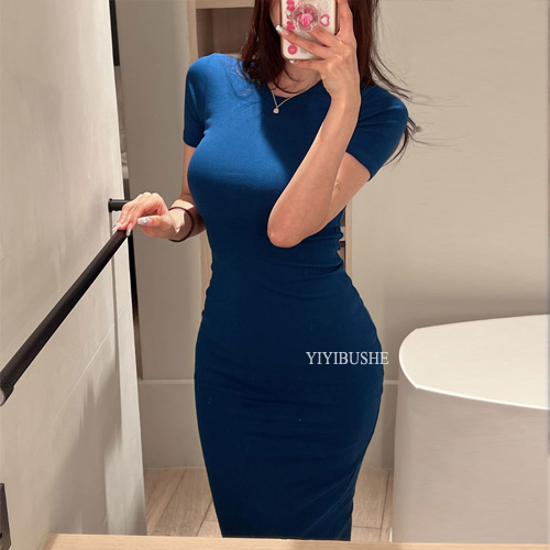 韩国代购正品 GH185女人味后开叉 修身宝蓝色短袖长款包臀连衣裙