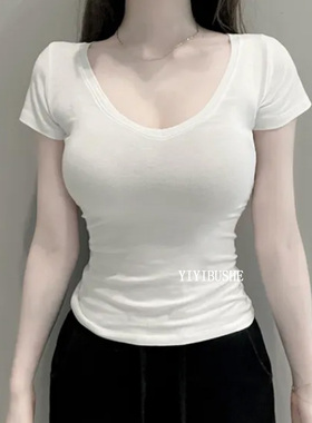 当天发韩国代购正品PL030自留真喜欢 纯欲白色V领显身材短袖T恤女