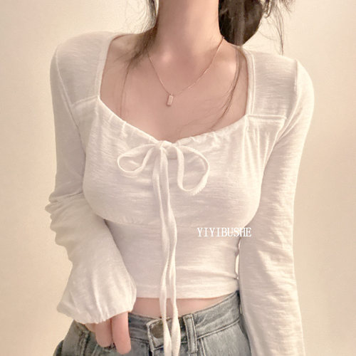 巨好看系带超低领口显胸长袖t恤