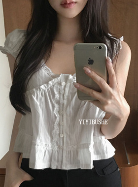 韩国代购正品 EB110减龄温柔风~纯欲女人味蕾丝边泡泡袖衬衫上衣