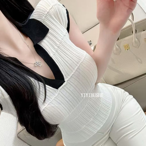 性感撞色翻领紧身短袖针织T恤