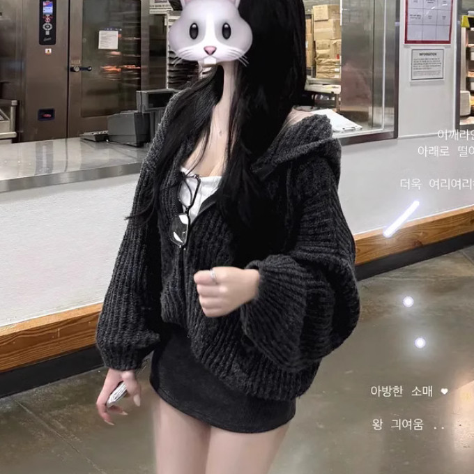 韩国代购正品ZO320松弛feel慵懒风连帽宽松针织衫毛衣+紧身包臀裙
