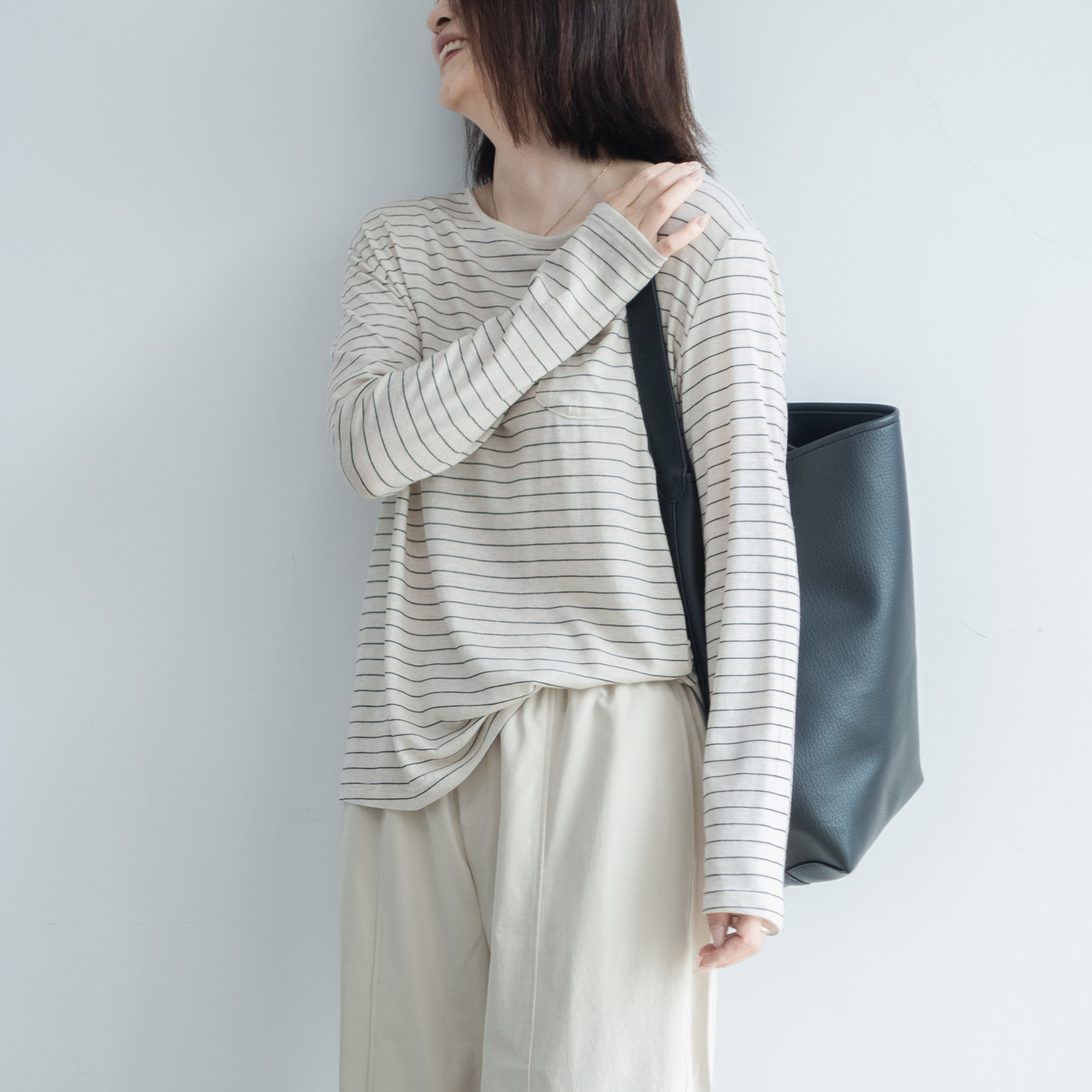 柔软垂感条纹宽松口袋长袖t恤女