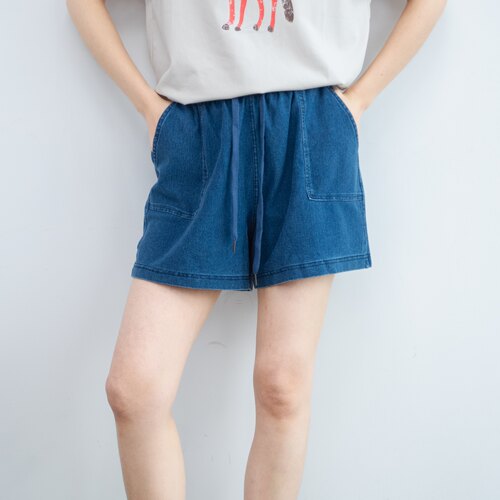 深蓝软牛仔短裤女夏薄款抽绳休闲