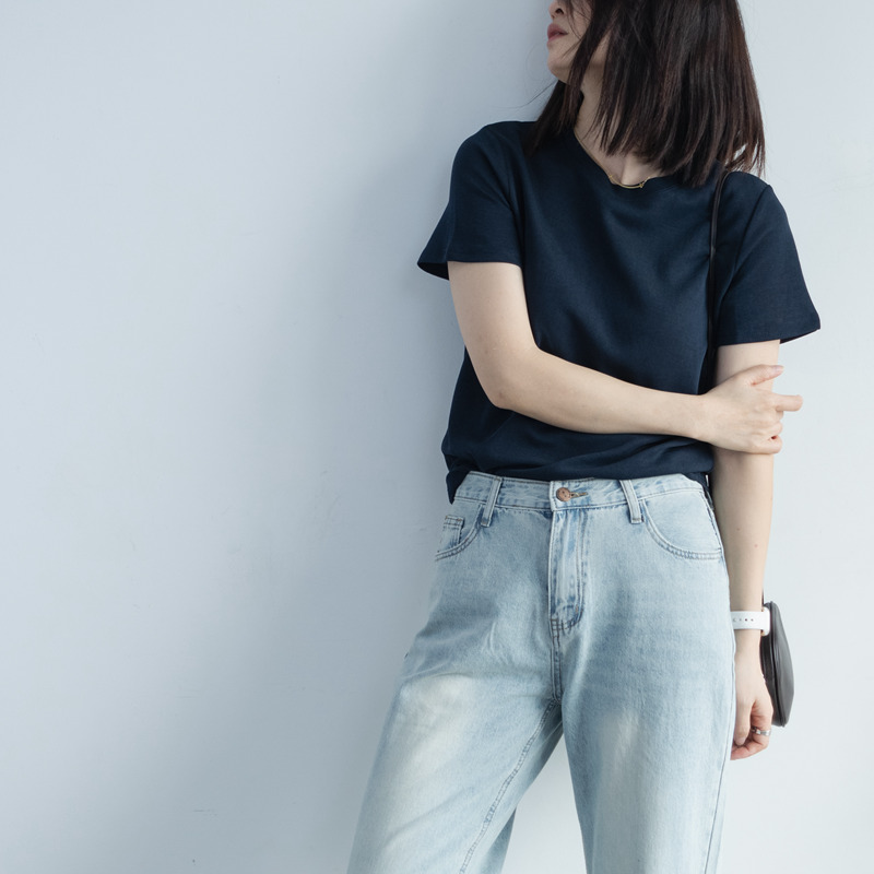 短袖简约薄款经典藏青女T恤INS