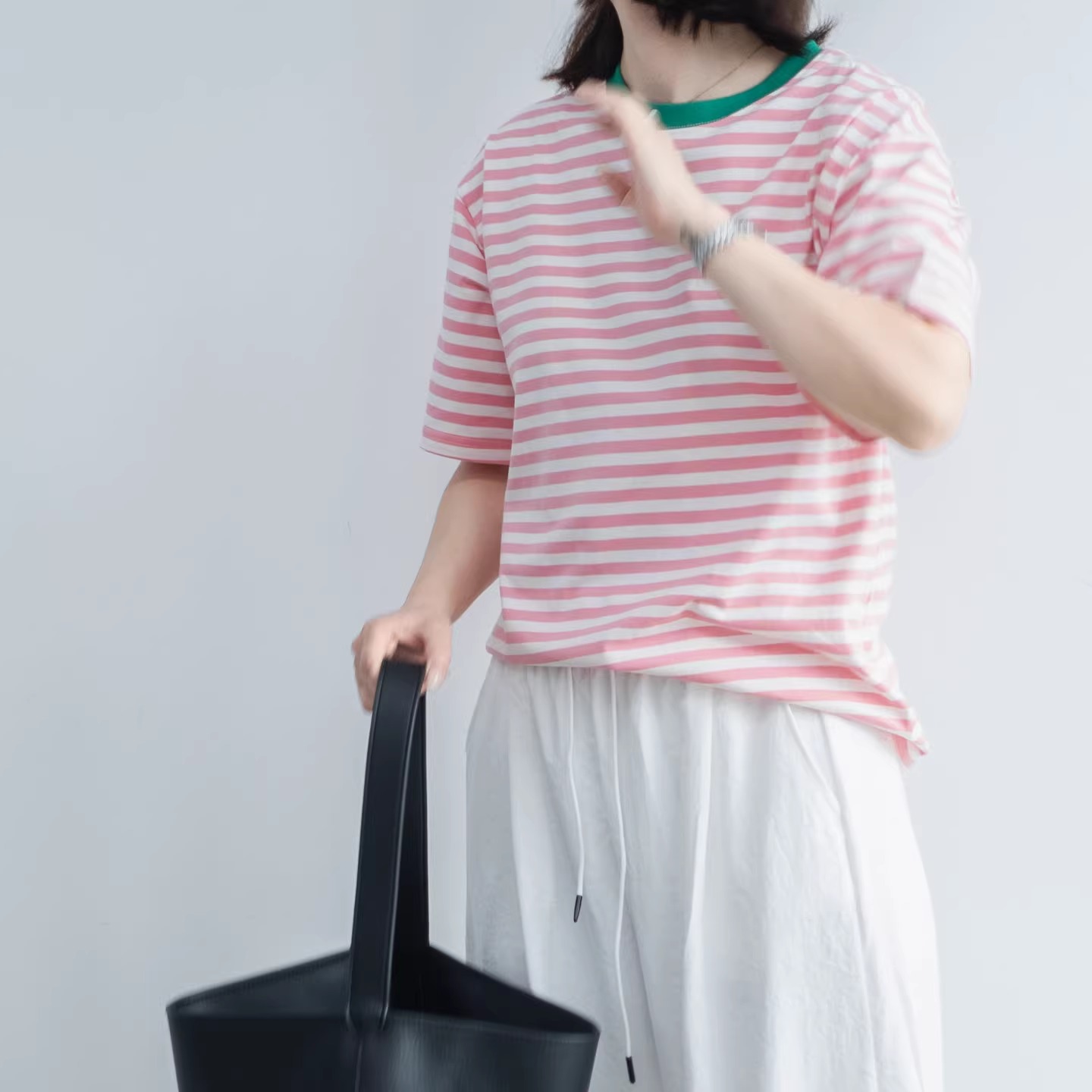 粉色条纹撞色圆领纯棉短袖t恤INS