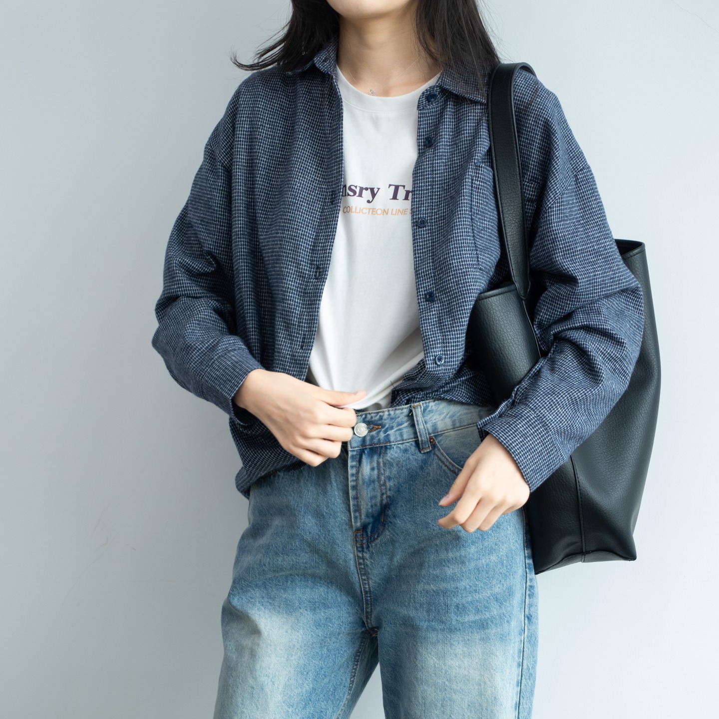显瘦深蓝小格子休闲衬衫外套上衣