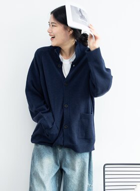26秋冬中长款深蓝色百搭可机洗温柔风立领开衫色纽扣针织毛衣外套