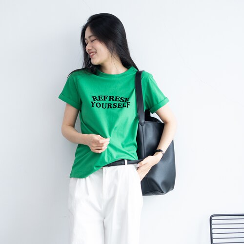短袖经典薄款简约纯棉女绿色卷边