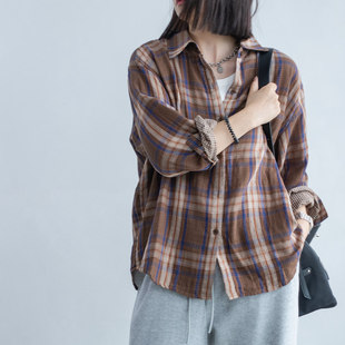 棉纱柔软宽松休闲复古美拉德格子衬衫 2025春秋新款 简约百搭纯棉女
