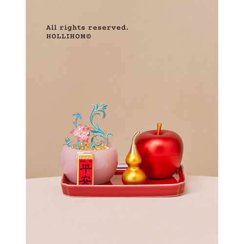 逅里《粉莲生》黄铜莲花枝聚宝盆 入户玄关装饰 粉色文房清供摆件