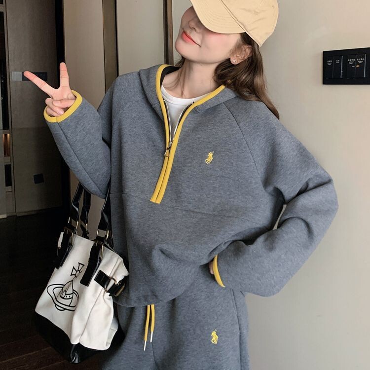 大码灰色运动休闲卫衣套装女2026秋季超火慵懒风宽松阔腿裤两件套