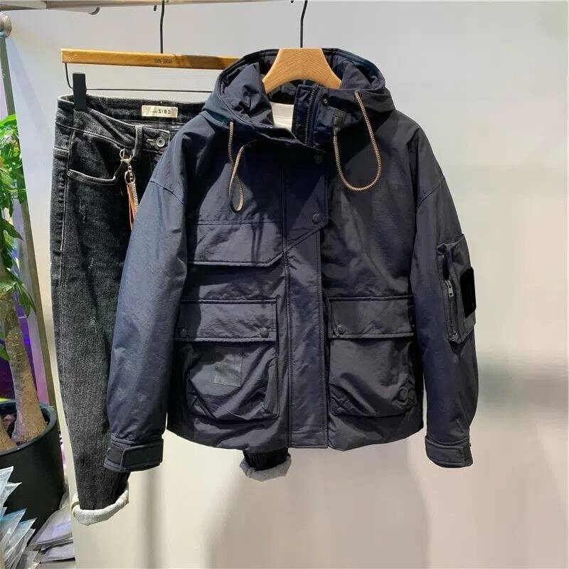 WINTER TRENDY BRAND PANELS CONTRASTING MENS HOODED BREAD CLOTHES PERSONALITY LABELING CARGO WEAR OUTDOOR COTTON COAT LOOSE COAT TRENDY