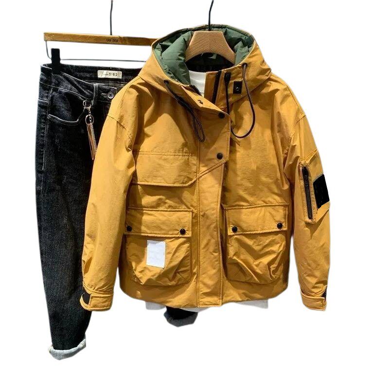 WINTER TRENDY BRAND PANELS CONTRASTING MENS HOODED BREAD CLOTHES PERSONALITY LABELING CARGO WEAR OUTDOOR COTTON COAT LOOSE COAT TRENDY