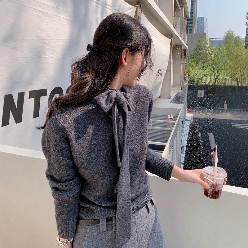 100%纯羊毛飘带领羊绒针织衫打底