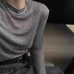 极简风~扬子纱精纺细羊毛小圆领针织衫女薄款灰色长袖T恤宽松上衣