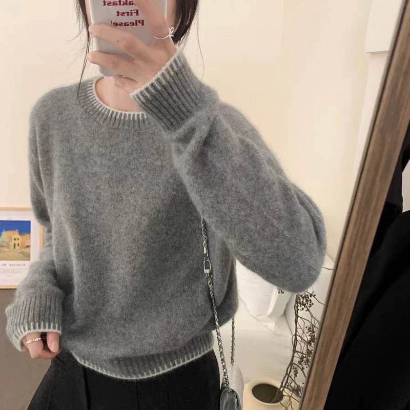 高级灰色小众穿搭100纯羊毛衫女撞色圆领套头宽松毛衣针织打底衫