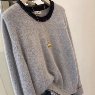 2025新款秋冬100%纯羊毛衫女圆领套头毛衣宽松慵懒风拼色针织上衣