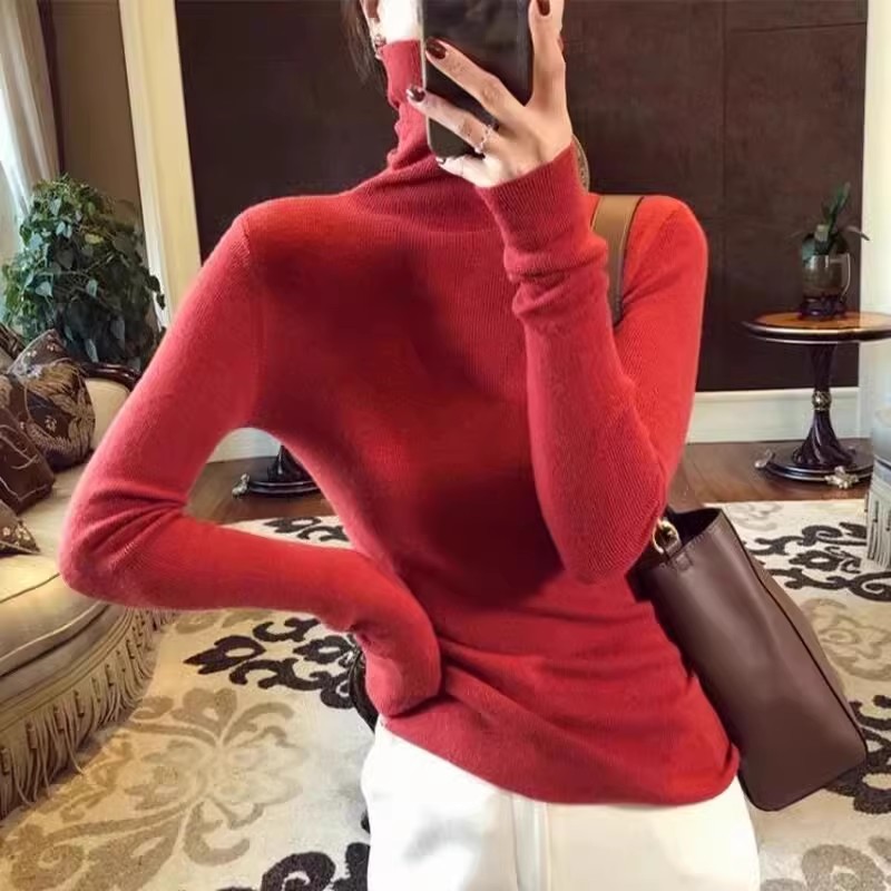超级显瘦!秋冬款女士羊毛衫女高领纯色羊毛套头衫抽条针织毛衣女