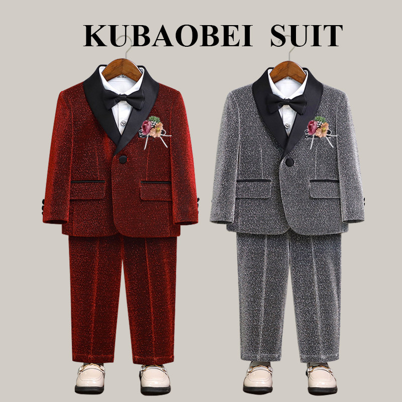 花童礼服男童西装主持人钢琴走秀演出服红色英伦帅气儿童西服套装