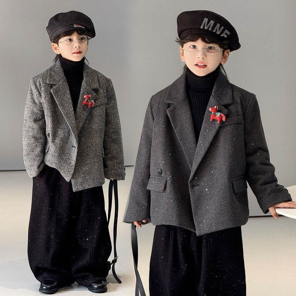 儿童西装套装秋冬加绒加厚花童男童休闲帅气礼服男孩毛呢西服外套