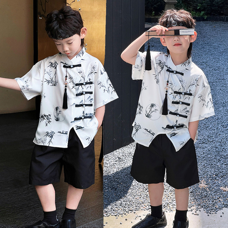 男童唐装夏季新中式儿童汉服短袖套装国风男孩宝宝古装六一演出服