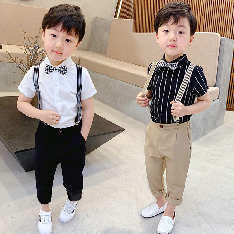 儿童小主持人合唱演出服礼服男童短袖西装洋气背带裤夏季花童套装