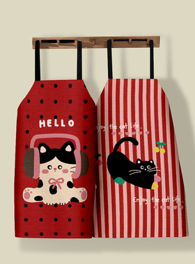 猫猫厨房防水防油高颜值围裙加厚棉麻混纺卡通餐饮工作服均码绑带