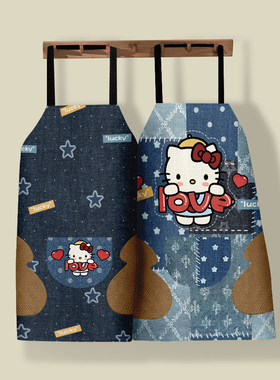 蓝色卡通蒂猫咪造型厨房可擦手围裙防溅水家用做饭挂脖罩衣围腰