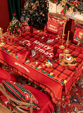 红色格子圣诞鹿桌布防水圣诞节装饰餐桌布圆桌方桌盖布客厅茶几布