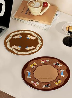 轻奢皮革隔热硅胶皮革垫中古风猫咪耐热免洗餐具杯垫小圆盖垫