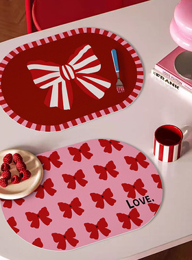 少女心蝴蝶结防水防油皮革餐垫椭圆形隔热防烫桌垫可爱咖啡杯垫