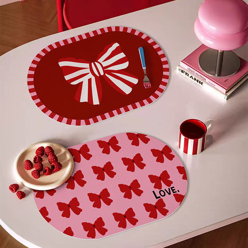 少女心蝴蝶结防水防油皮革餐垫椭圆形隔热防烫桌垫可爱咖啡杯垫