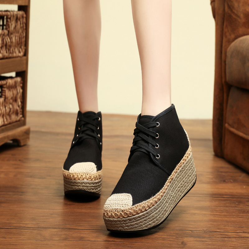 高帮系带民族风绣花鞋高跟鞋