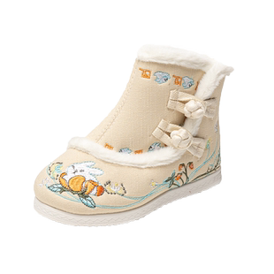 汉服鞋子女童古风靴子古装绣花鞋冬季加绒宝宝公主唐装马面裙棉鞋