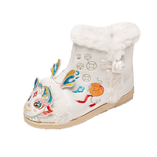 女童汉服鞋子冬季加绒古风汉服靴儿童绣花鞋古装国风宝宝手工棉鞋