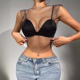 hollow mesh rhinestone womens fishnet nightclub vest Sexy