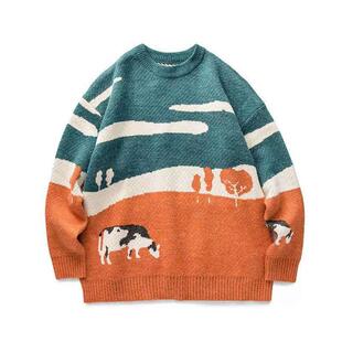 Neck Style Pullover Knitted Round Sweater Art Cow