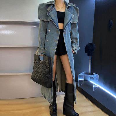 Heavy duty denim windbreaker high-end lace-up waist lapel