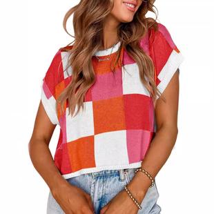 streetwear checkered ribbed tops round casual crop contrast