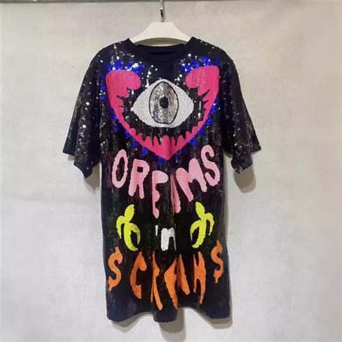 Top Round Heavy Sequin Half Loose Womens Industry T-shirt