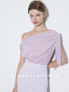 FINOCCI醋酸蚕丝兰精天丝斜肩丝滑解构优雅坠落气质显瘦BI入上衣