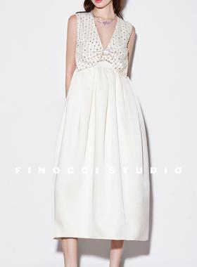 FINOCCI绝美miu风幻彩宝石刺绣甜奢蝴蝶结拼接缎面秋季花苞连衣裙