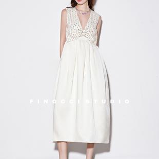 FINOCCI绝美miu风幻彩宝石刺绣甜奢蝴蝶结拼接缎面秋季 花苞连衣裙