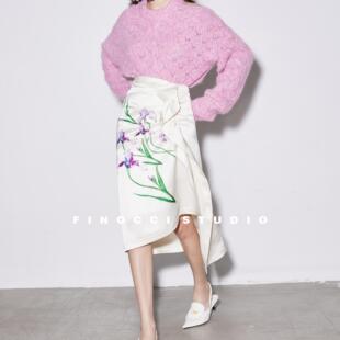 缠绕鸢尾艺术家不规则设计高密缎面莹润光泽高级审美半裙 FINOCCI