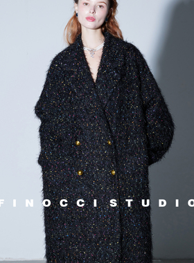 FINOCCI羊毛重磅定制大金扣VTG繁复七彩软糯豆豆绒条花呢廓形大衣