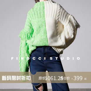 FINOCCI 高克重磅美利奴羊毛撞色花纱时髦造型蝙蝠袖手工流苏毛衣