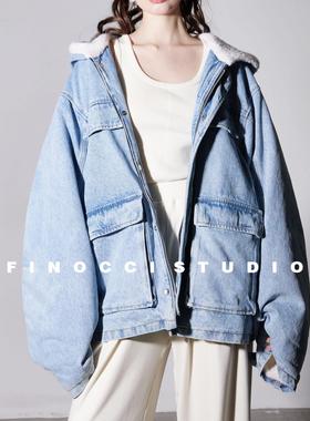 FINOCCI 高密加厚全棉牛仔加绒羊毛圈圈双层防风保暖BF风休闲外套