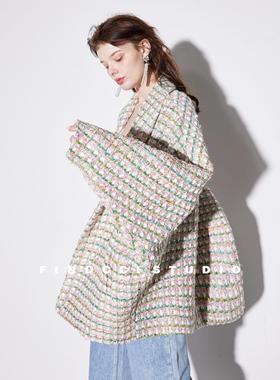 FINOCCI重工编织七彩幻彩肌理大气row风洒脱廓形慵懒花呢大衣外套