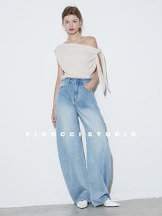 FINOCCI极简美学高级感圆弧裁剪水洗靛蓝飒沓大女人纸片腰牛仔裤